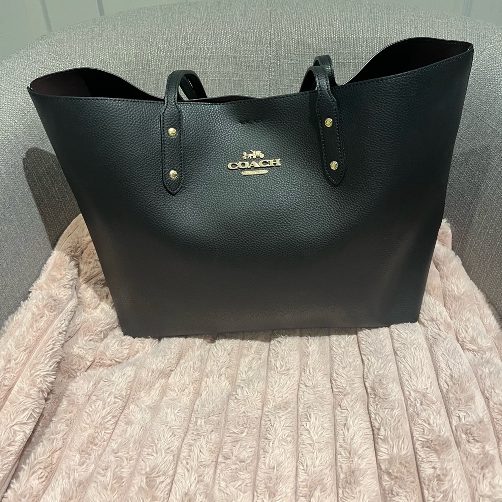 Coach Black Leather Tote with Gold Hardware